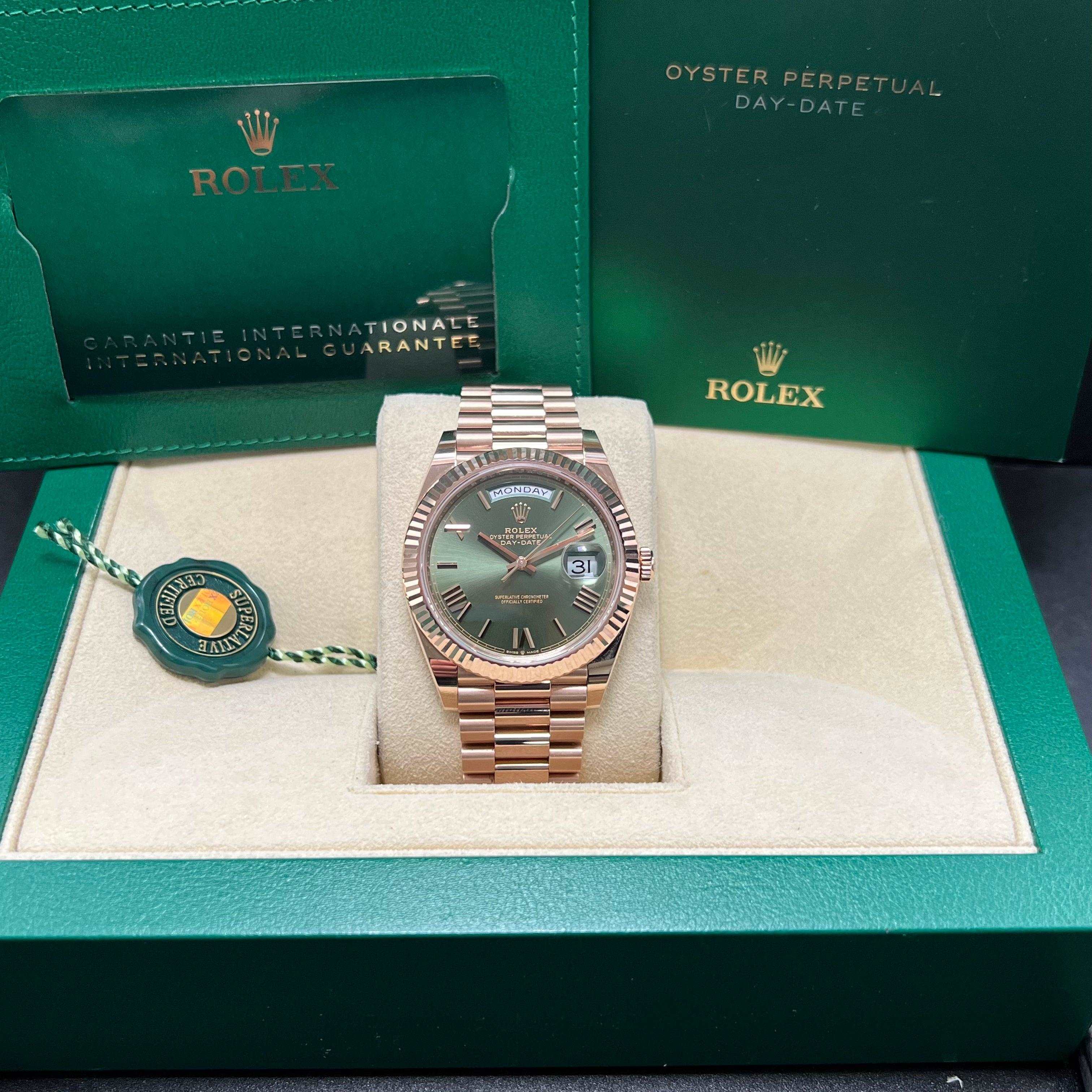 Rolex day date cheap rose gold green