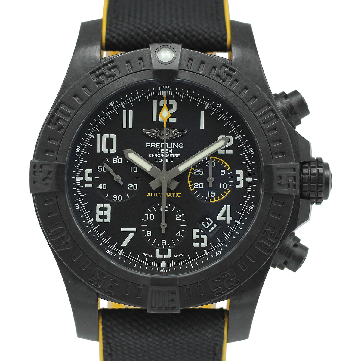 Breitling Avenger Hurricane 45 watch with a black dial, yellow accents, and a rugged black case