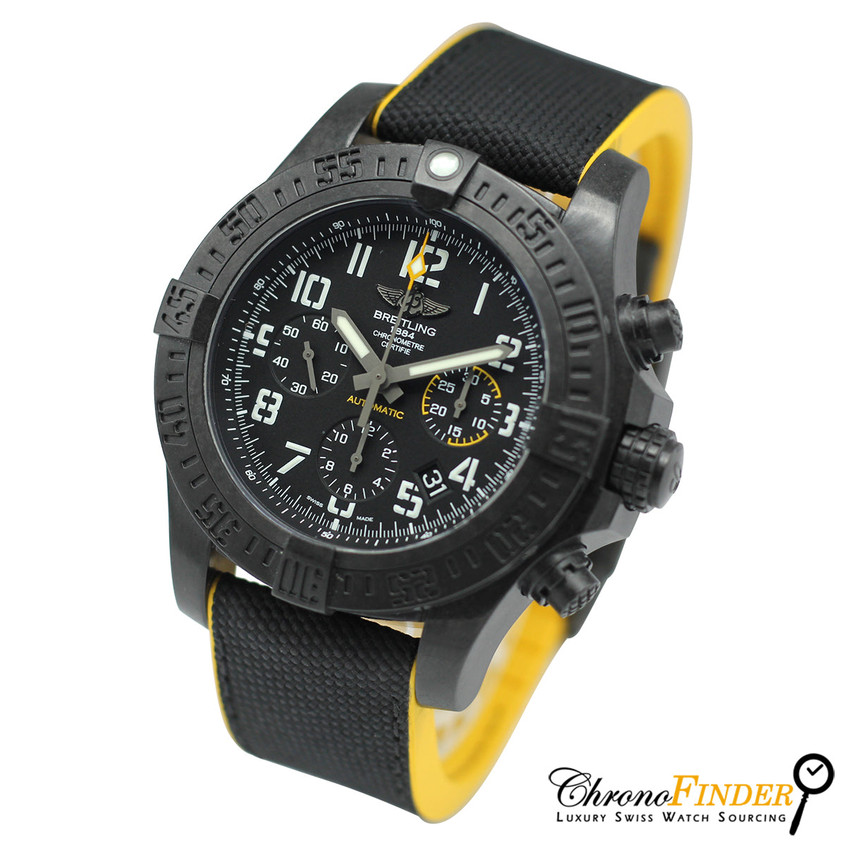 Breitling Avenger Hurricane 45 watch with a black case, bold yellow accents, and a durable military-style strap