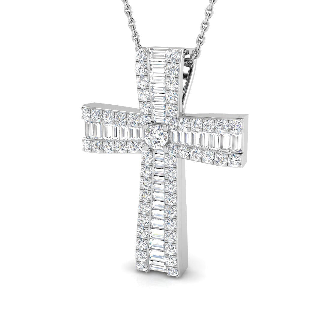 0.96ct Baguette & Round Cut Diamond Cross Pendant in 9k White Gold