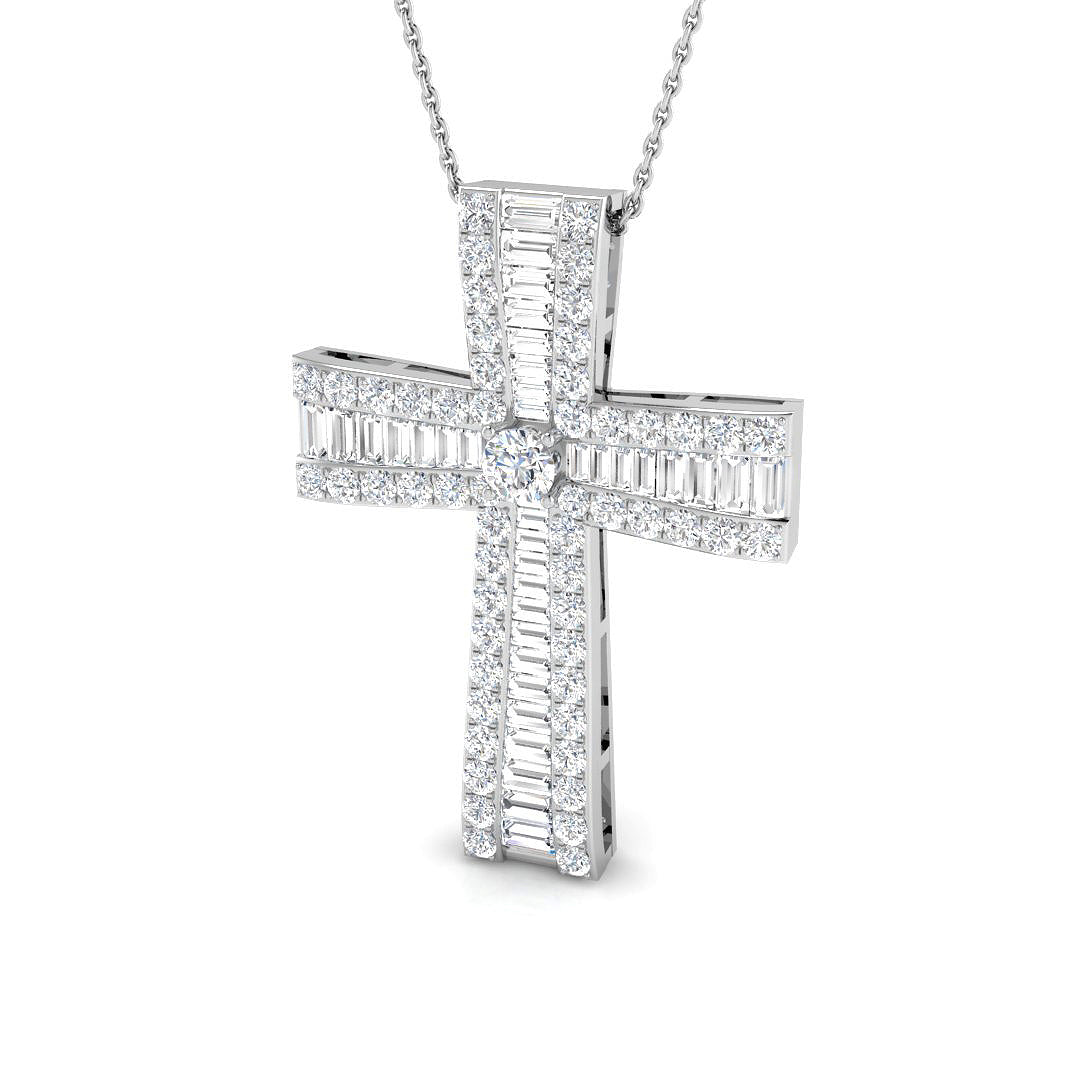 2.38ct Baguette & Round Cut Diamond Cross Pendant in 9k White Gold