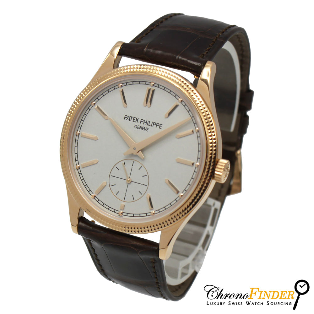 Patek Philippe Calatrava 6119R-001 rose gold case, white dial, and brown alligator leather strap