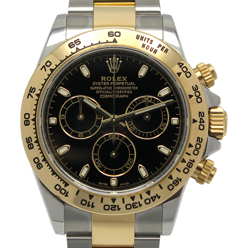 Rolex Cosmograph Daytona 116503 with a black dial and stainless steel case, featuring gold chronograph 