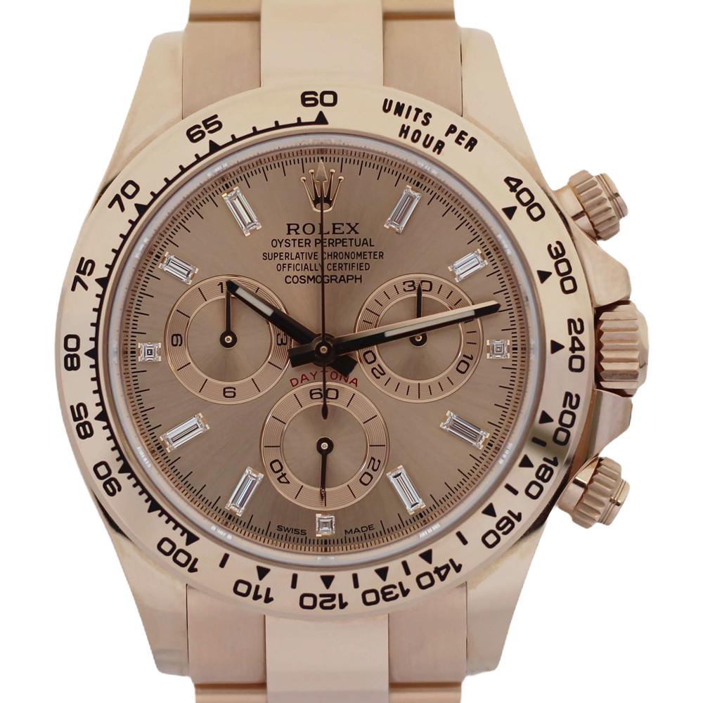 Rolex Cosmograph Daytona 116505 featuring a baguette diamond dial and a rose gold case