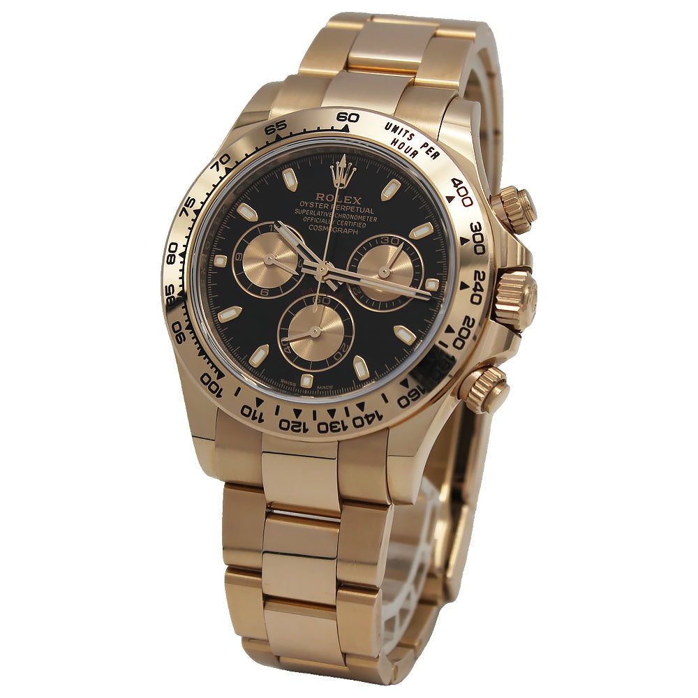 Rolex Cosmograph Daytona 116505 with a striking black dial and rose gold case