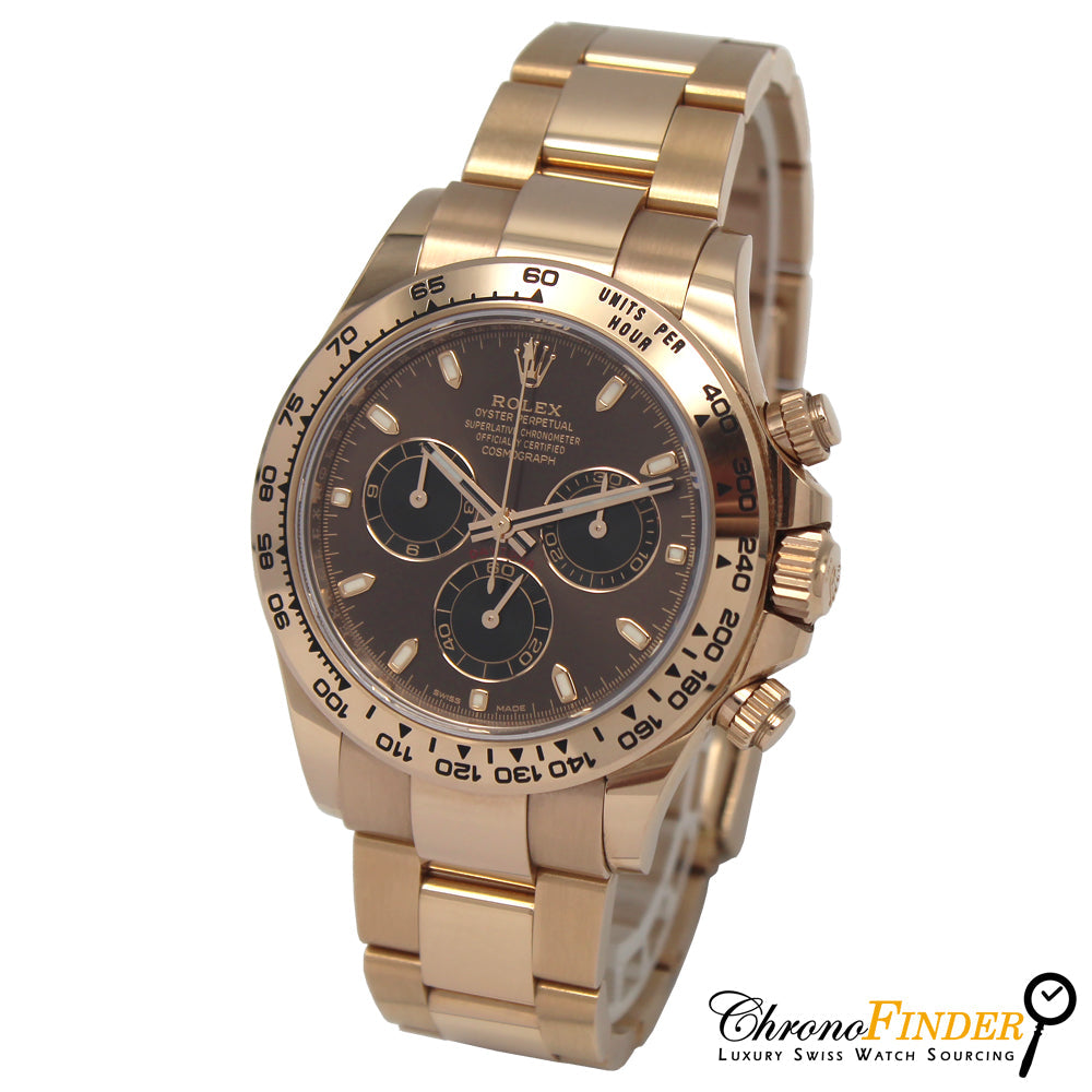 Rolex Cosmograph Daytona 116505 with a chocolate baton dial, featuring a rose gold case and chronograph function