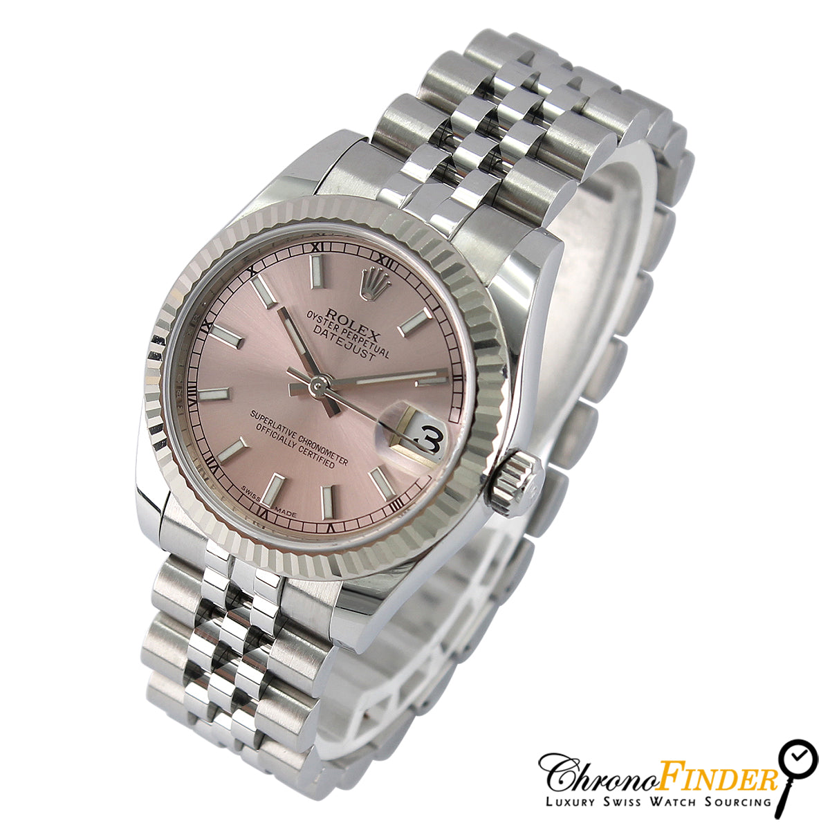 Close-up of Datejust 31mm Midi 178274 Pink Dial with Baton Markers and Jubilee Bracelet