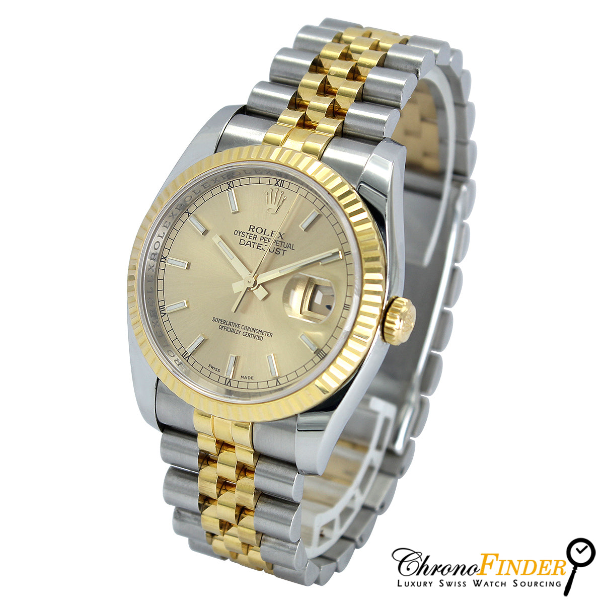 Close-up of Datejust 36 116233 Champagne Dial with Baton Markers