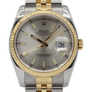 Rolex Datejust 36 116233 with a silver baton dial and gold bezel, 