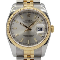 Rolex Datejust 36 116233 with a silver baton dial and gold bezel, 