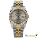 Rolex Datejust 36- 116233 with a silver baton dial, featuring a gold bezel and case