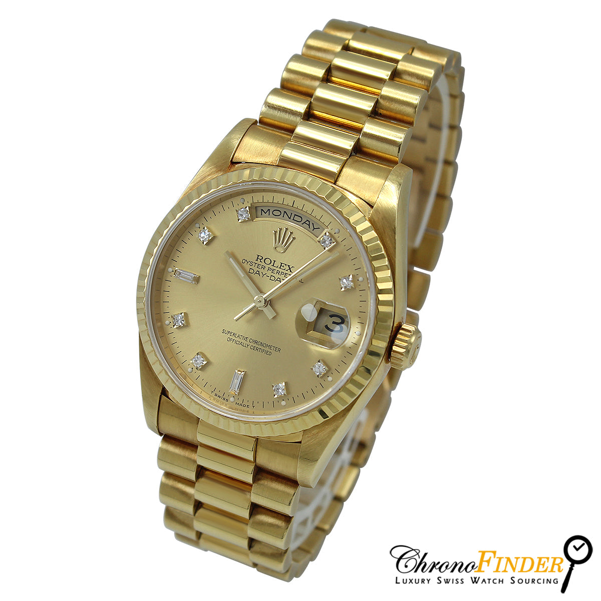 Rolex Day-Date 36 18238 Gold Watch Featuring Champagne Dial with Diamond Hour Markers