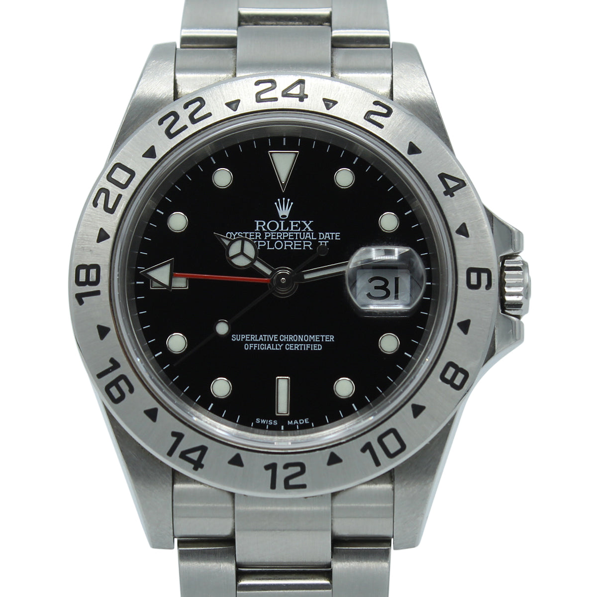 Rolex Explorer II 16570 Close-up of Black Dial and Stainless Steel Case