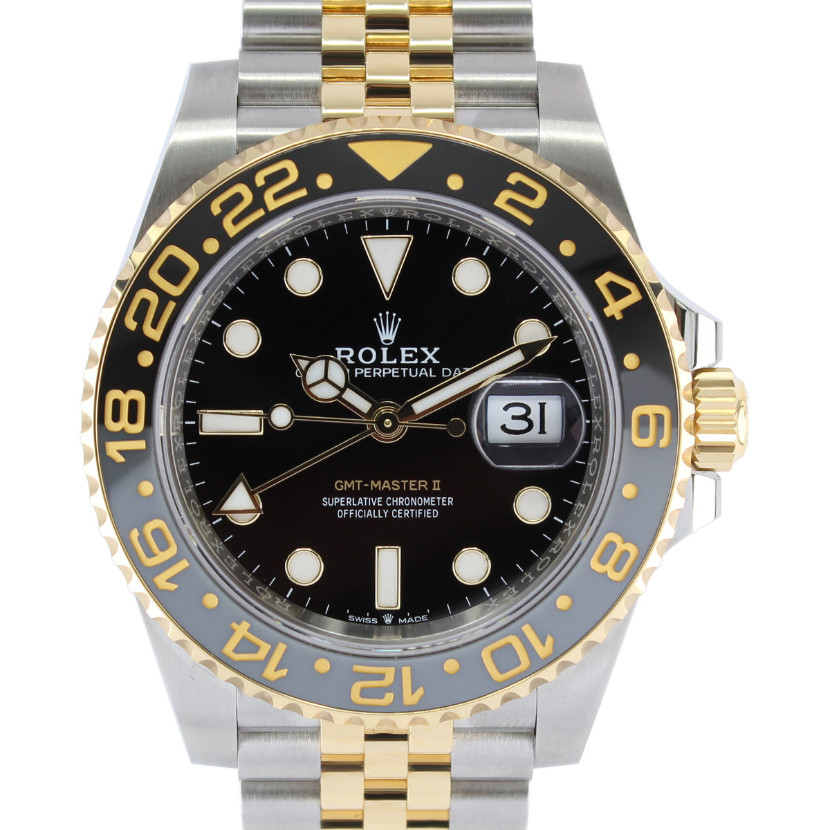 Rolex GMT-Master II 126713GRNR with a distinctive design, gold and black bezel