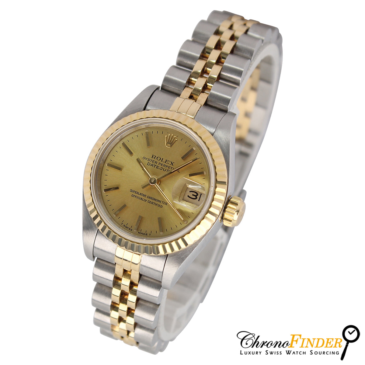 Rolex Lady-Datejust 26mm 69173 Close-up of Champagne Baton Dial and Stainless Steel Bracelet