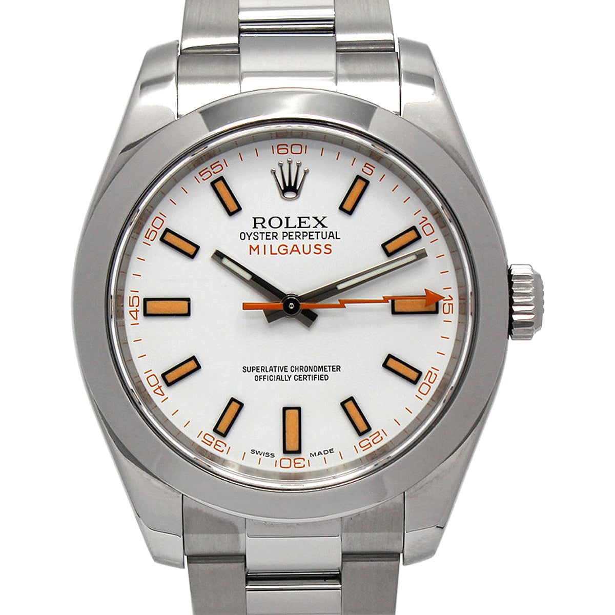 Rolex Milgauss 116400 with a white dial, featuring stainless steel case and orange lightning