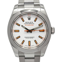 Rolex Milgauss 116400 with a white dial, featuring stainless steel case and orange lightning