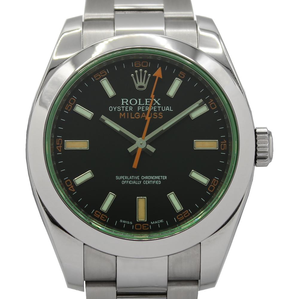 Rolex Milgauss 116400GV  featuring a stainless steel case and luminescent hour markers