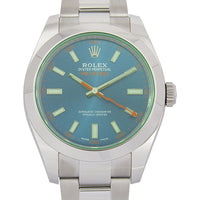 Rolex Milgauss 116400GV with a blue dial, showcasing a stainless steel case