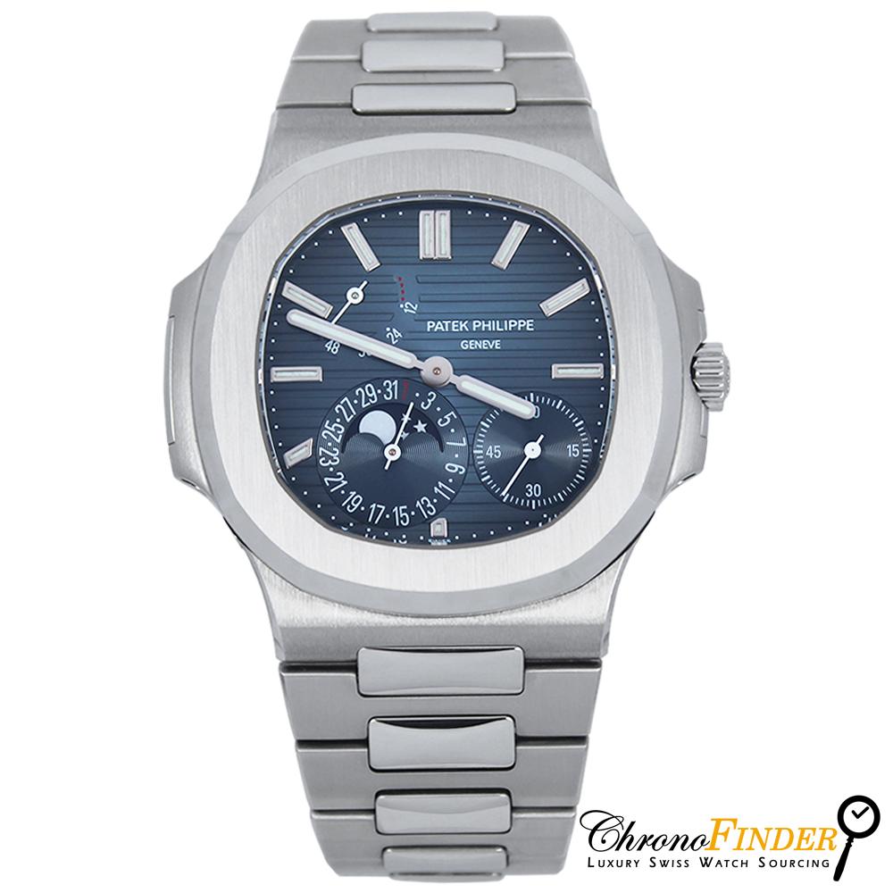 “Close-up of a Patek Philippe Nautilus 5712/1A-001 watch featuring a blue dial with a moonphase indicator