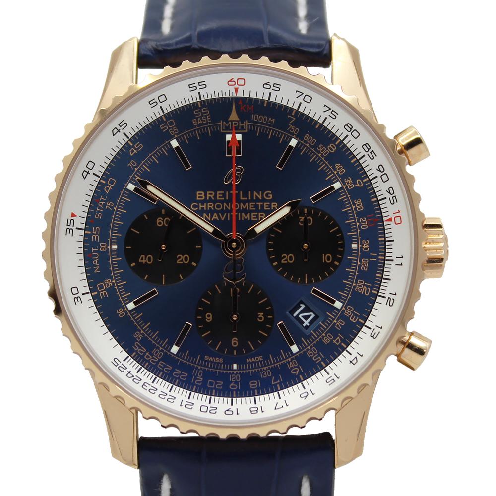 Close-up of a Breitling Navitimer 1 B01 Chronograph watch with a blue dial