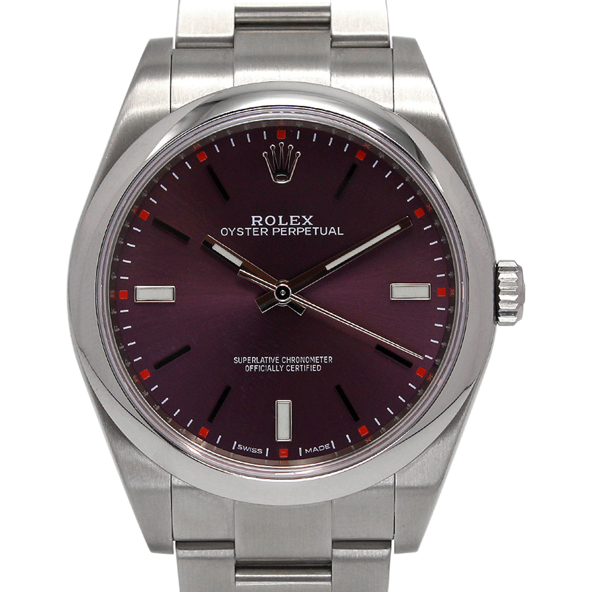 Rolex Oyster Perpetual 39mm model 114300 striking red grape dial and stainless steel case