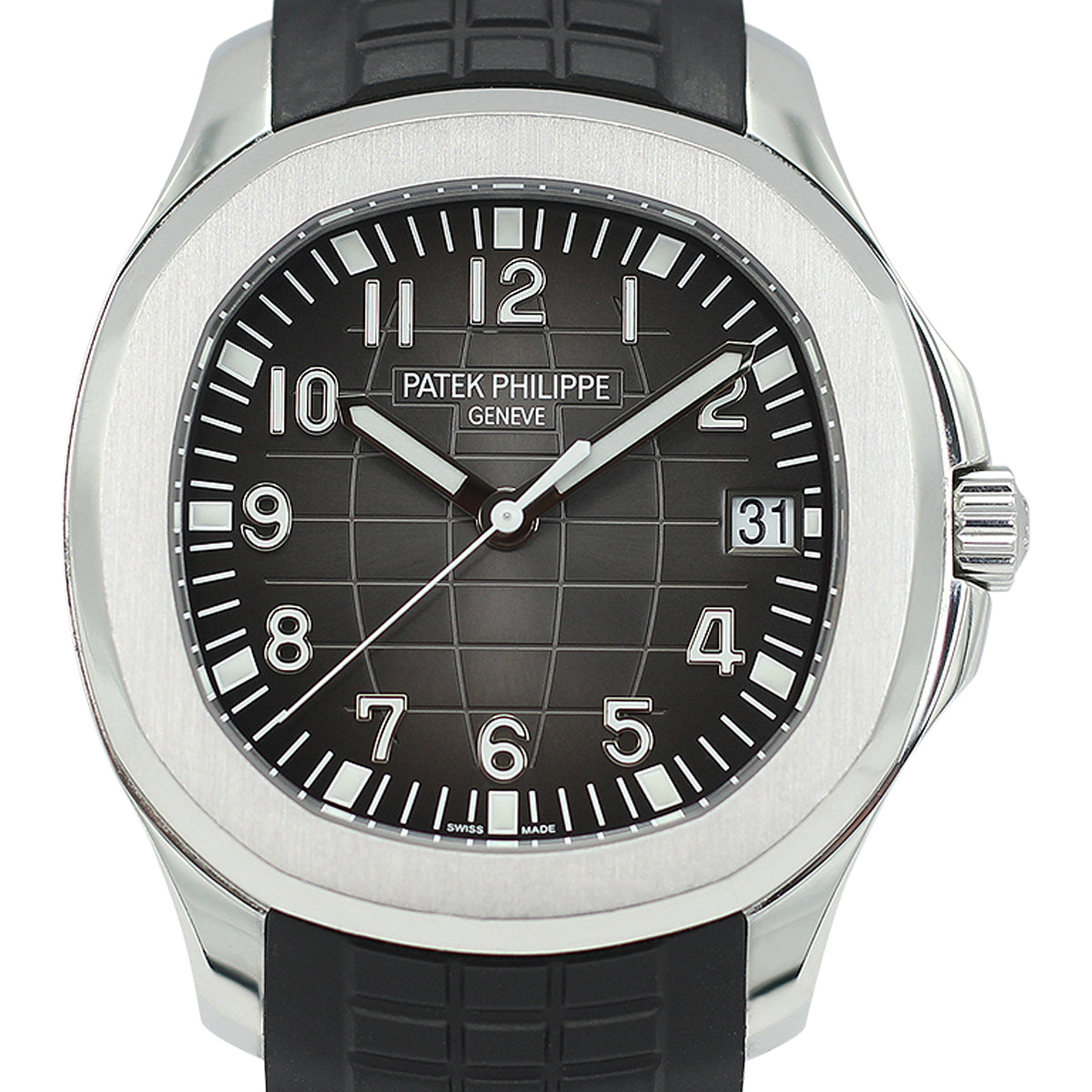 Close-up view of a Patek Philippe Aquanaut 5167A-001 watch with a black rubber strap