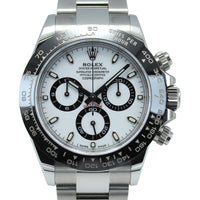 Rolex Cosmograph Daytona 116500LN with white panda dial, ceramic bezel, and stainless steel case