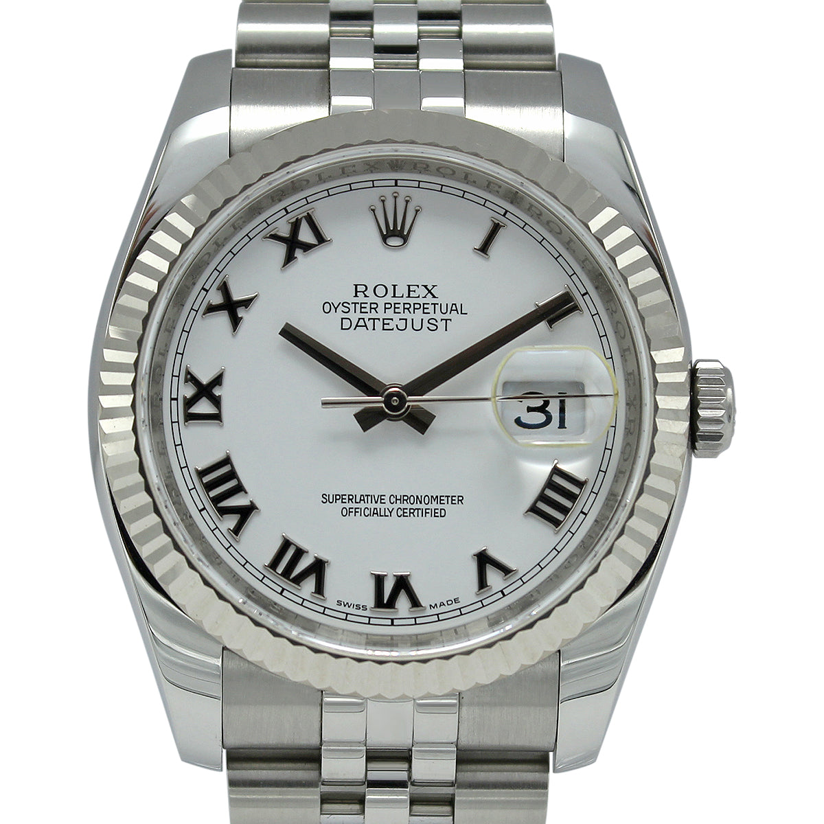 Rolex Datejust 36mm 116234 with White Roman Numeral Dial and White Gold Fluted Bezel