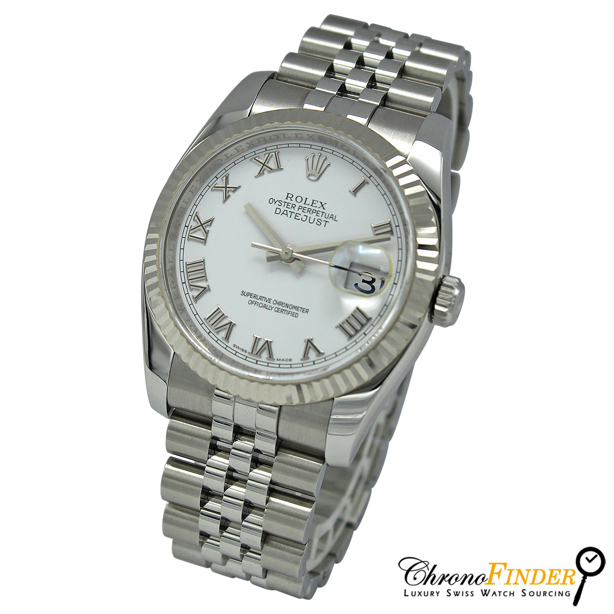 Rolex Datejust 36mm 116234 Close-up of White Roman Numeral Dial and Jubilee Bracelet