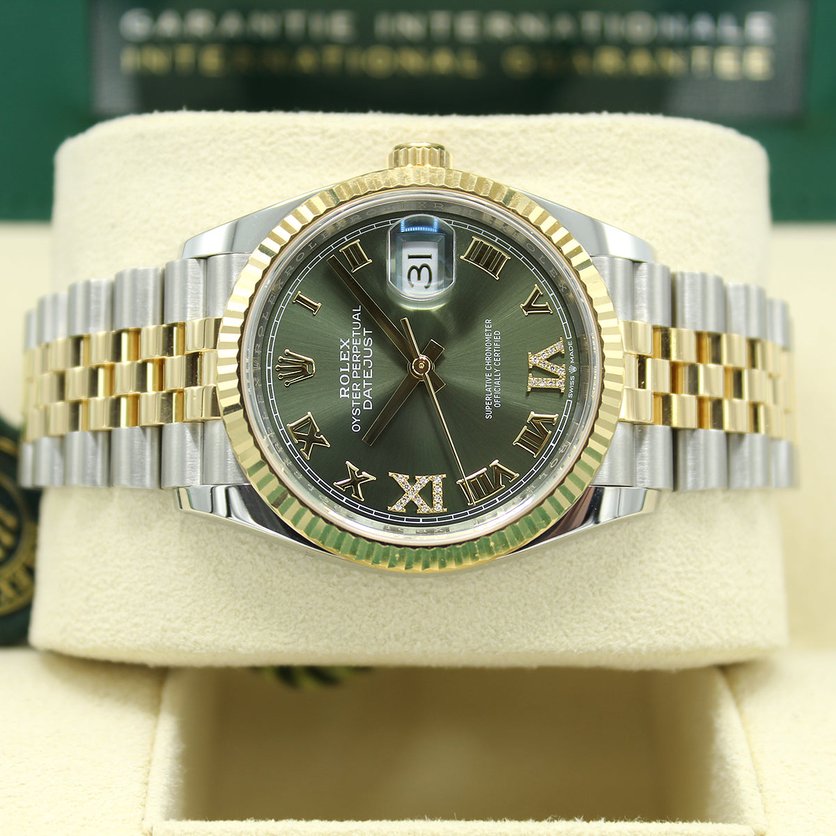 Datejust 36 126233 (Olive Green Roman Numeral Diamond 6 & 9) Jubilee Bracelet