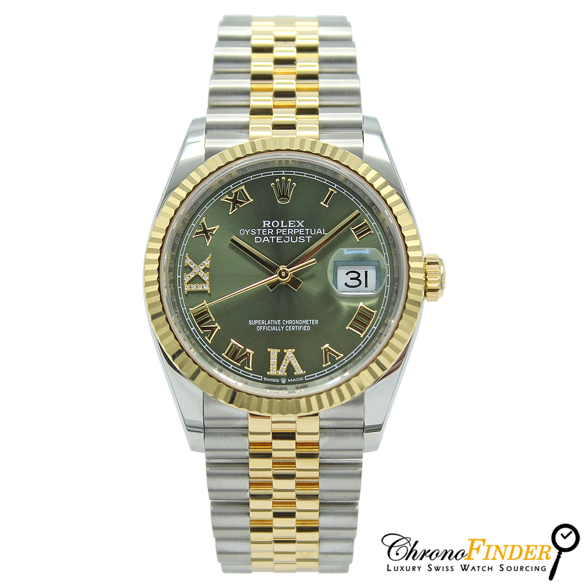 Rolex Datejust 36mm 126233 Jubilee Olive Green Roman Numeral Dial Diamond 6 9 Chronofinder Chronofinder Ltd