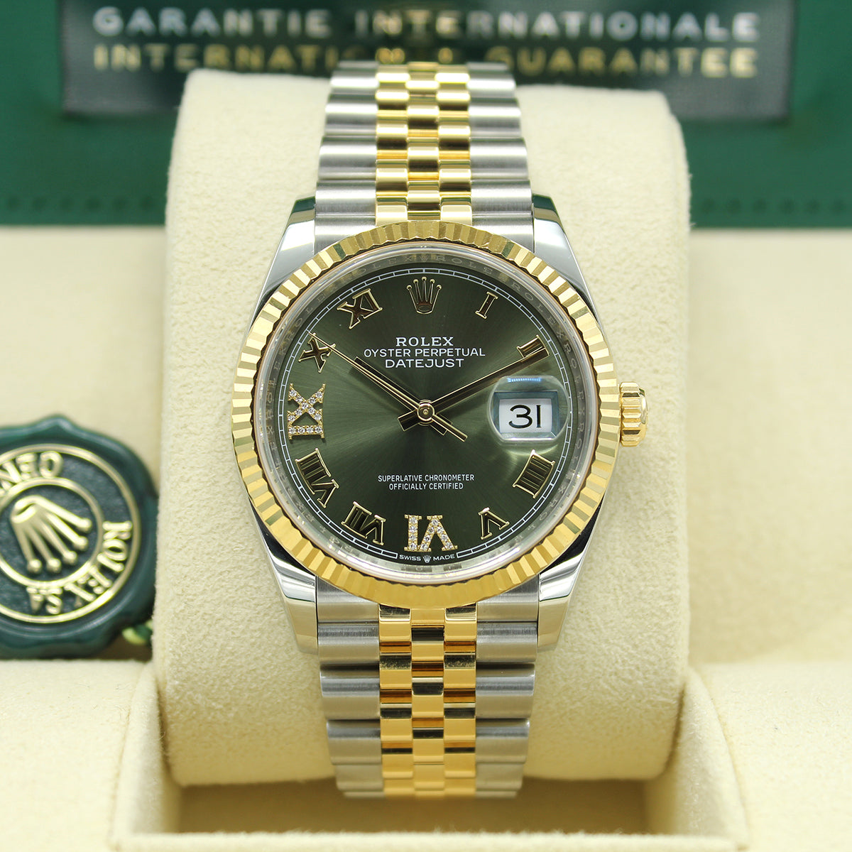 Datejust 36 126233 (Olive Green Roman Numeral Diamond 6 & 9) Jubilee Bracelet