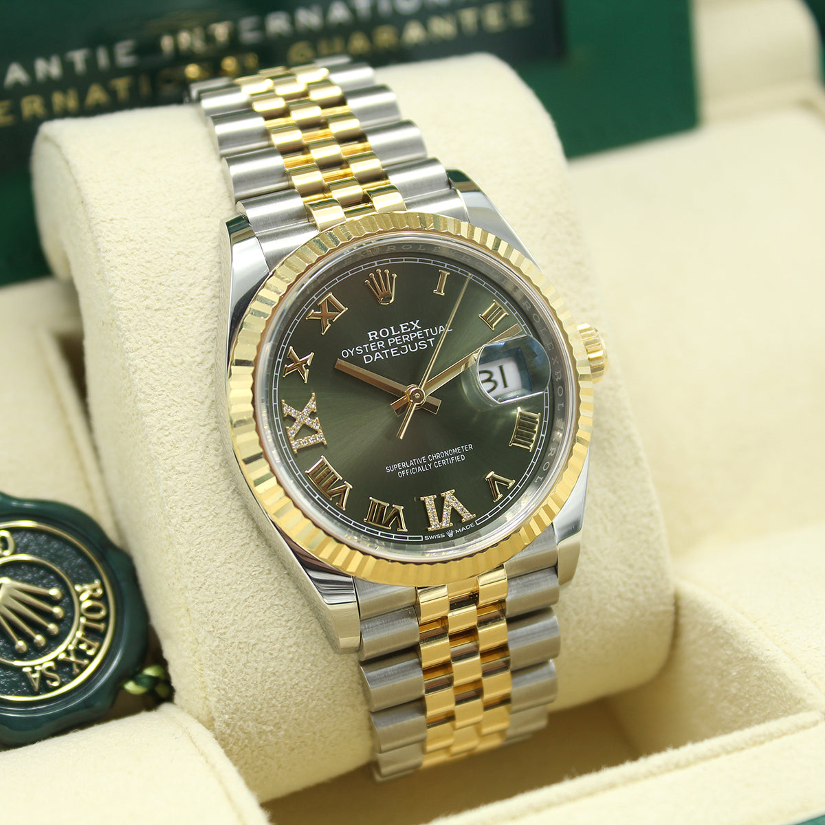 Datejust 36 126233 (Olive Green Roman Numeral Diamond 6 & 9) Jubilee Bracelet