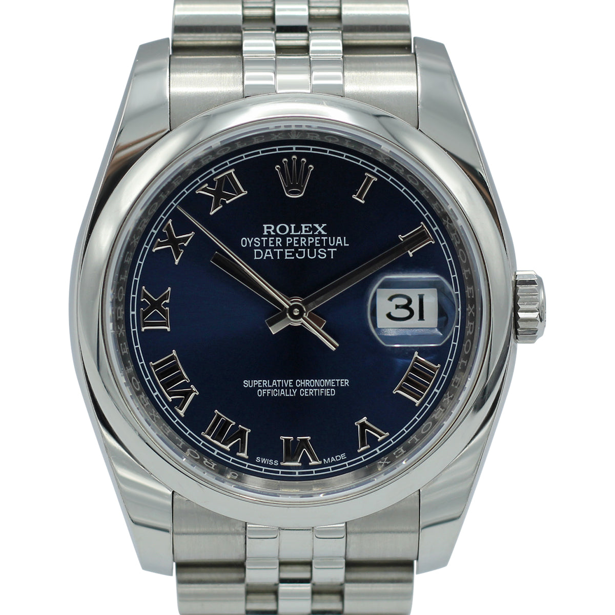 Close-up of the Rolex Datejust 36 116200 featuring a navy blue Roman numeral dial, smooth bezel, and Jubilee bracelet. 