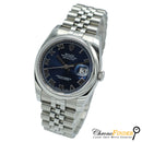 Rolex Datejust 36mm 116200 with a navy blue Roman numeral dial, smooth bezel, and Jubilee bracelet.