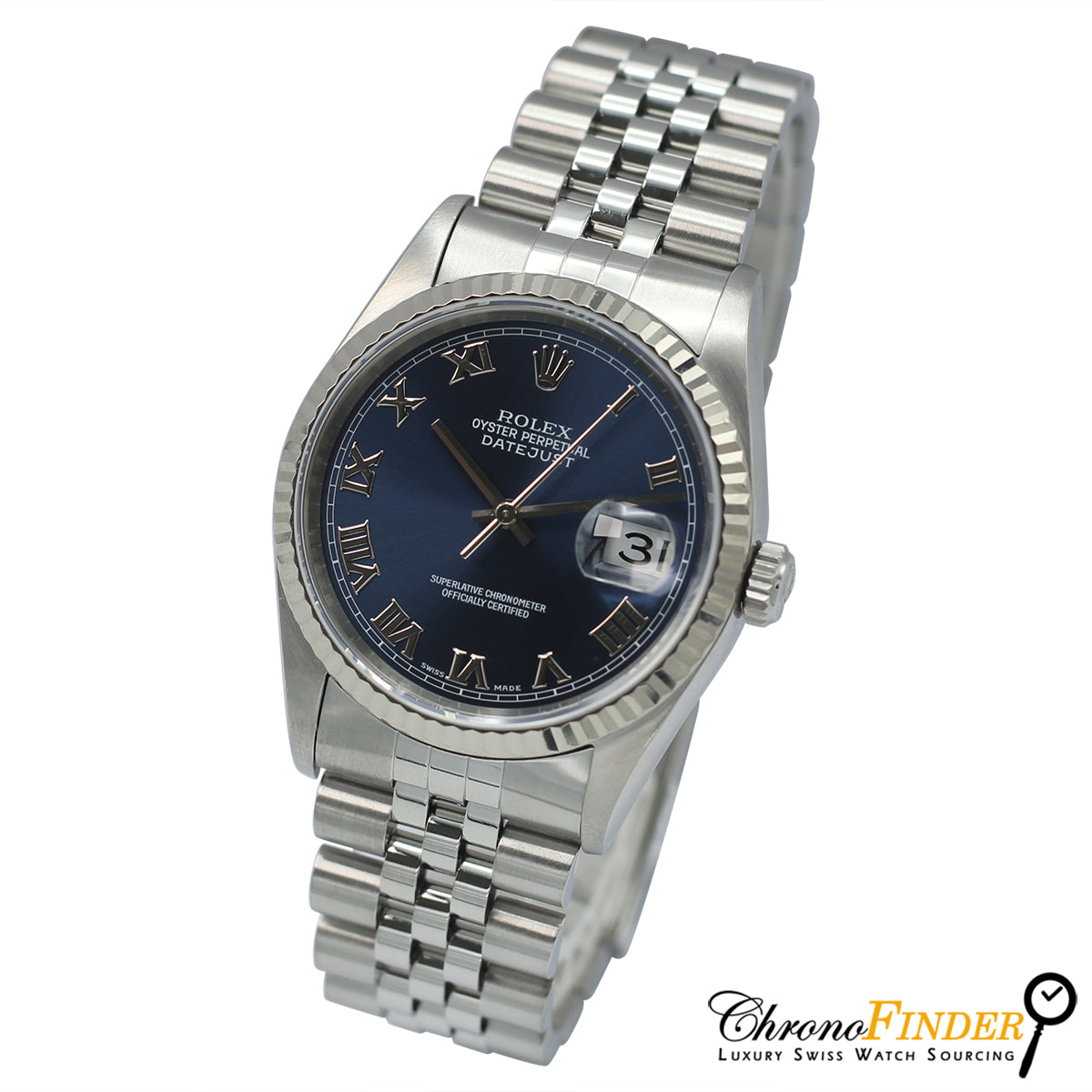 Side View of Rolex Datejust 36 16234 with Navy Blue Roman Numeral Dial and Fluted Bezel