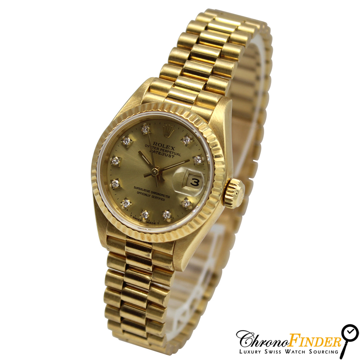 Rolex Lady-Datejust 26mm 69178 Close-up of Champagne Diamond Dial and Gold Bracelet