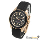 Rolex Yacht-Master 40 126655 with a detailed side view, featuring a black dial, Everose gold case, and a ceramic bezel,