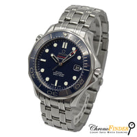 Omega Seamaster Diver 300M watch with stainless steel bracelet, blue dial, and ceramic bezel