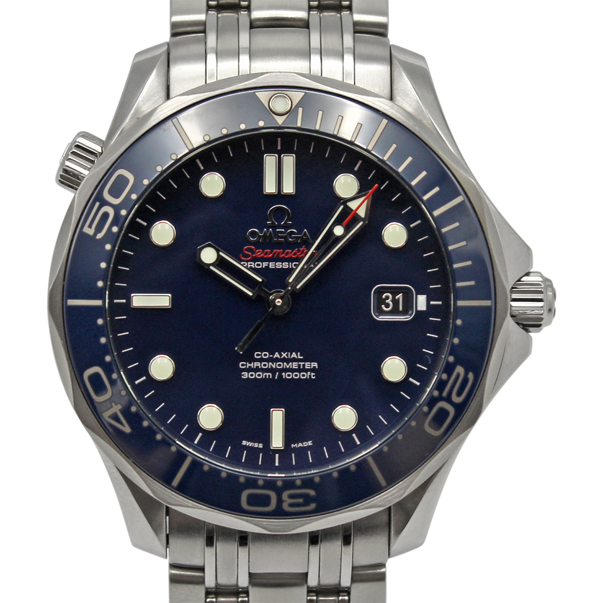 Omega Seamaster Diver 300M watch with a stainless steel bracelet, blue ceramic bezel, and black dial