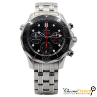 Omega Seamaster Diver 300M Chronograph watch with a black dial, silver-tone hands, and a stainless steel bracelet.