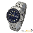 Seamaster Diver 300M Chronograph watch with a blue dial, stainless steel case, and black rubber strap.