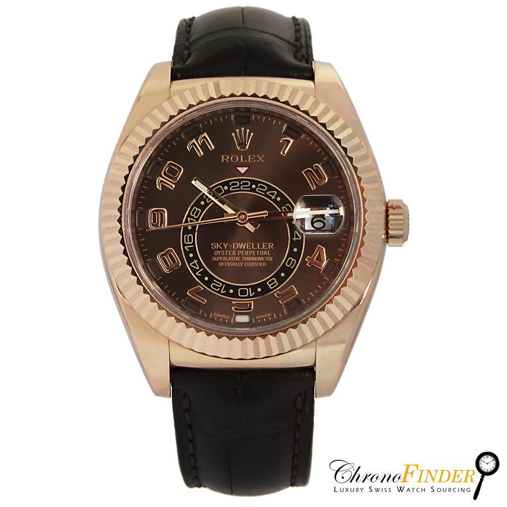 Rolex Sky-Dweller 326135 with a chocolate Arabic numeral dial and rose gold case