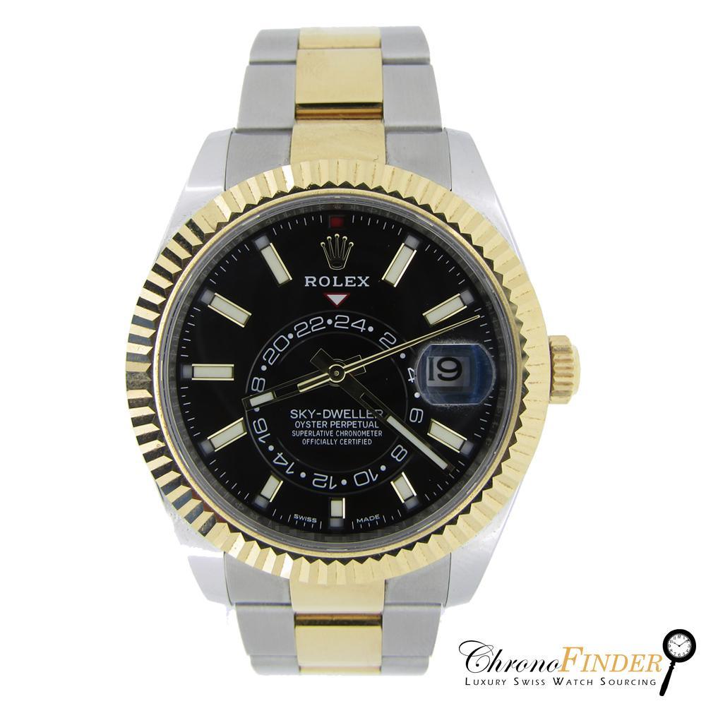 Rolex Sky-Dweller 326933 with a sleek black dial and yellow gold case