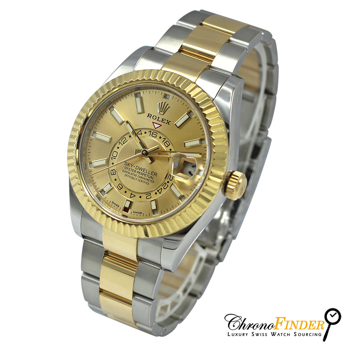 Rolex Sky-Dweller 326933 with a champagne dial and yellow gold case with an annual calendar and dual time zone function