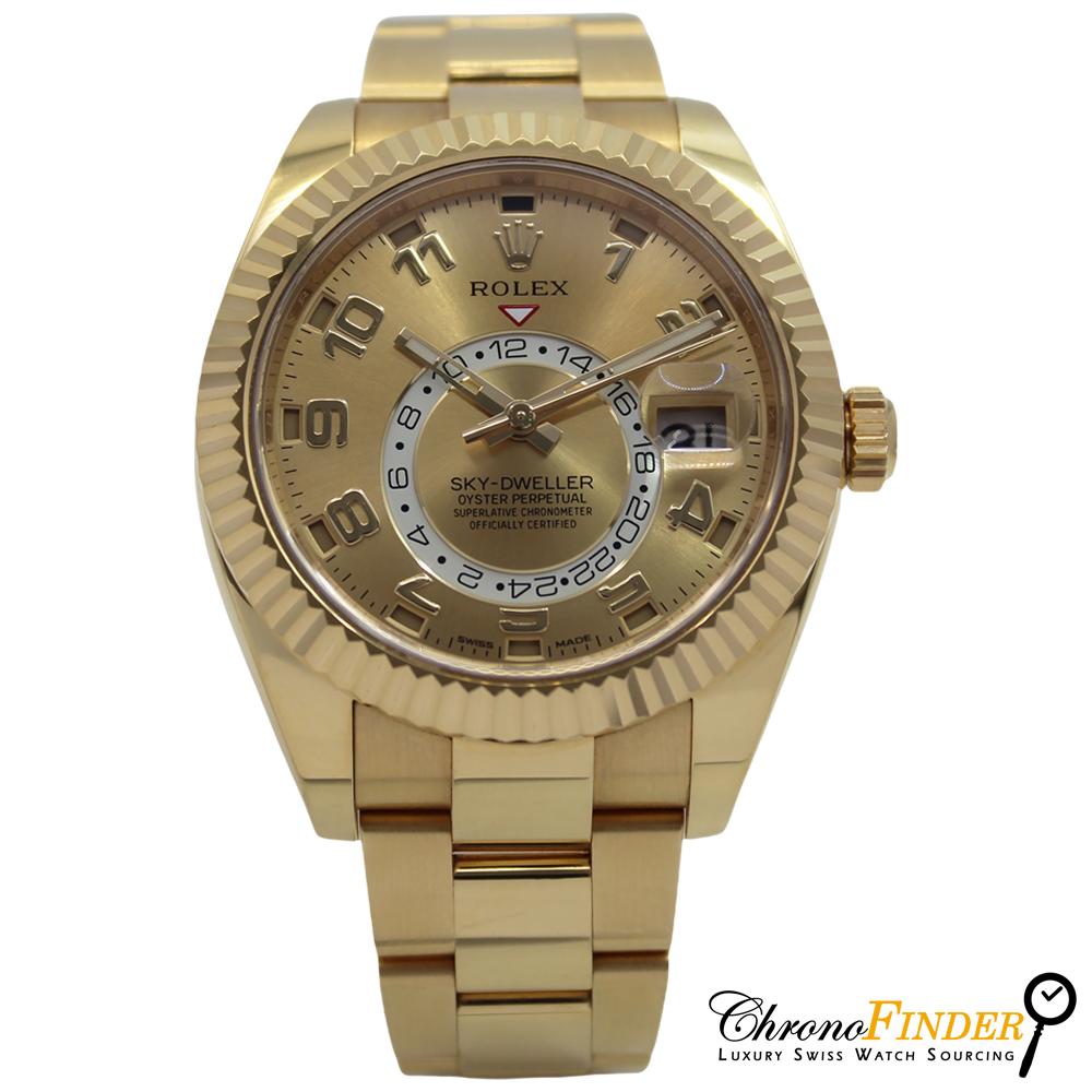 Rolex Sky-Dweller 326938 with a champagne Arabic numeral dial and yellow gold case