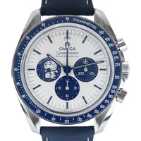 Silver Omega Speedmaster Anniversary watch featuring a white dial with blue accents and a Snoopy graphic