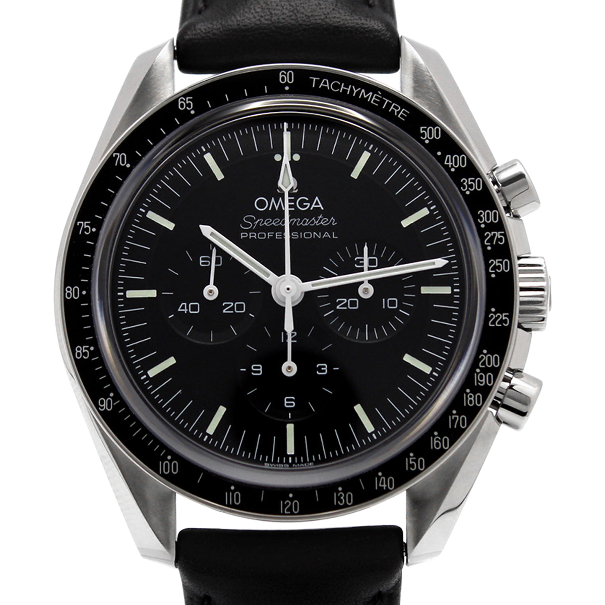 Close-up of a Omega Speedmaster Moonwatch with a black dial and silver stainless steel case