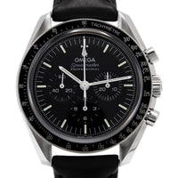 Close-up of a Omega Speedmaster Moonwatch with a black dial and silver stainless steel case